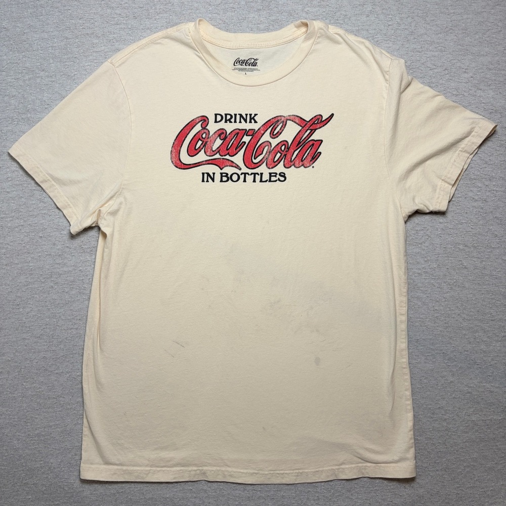 Mens Graphic T-Shirt Large Cream Drink Coca-Cola In Bottles Retro Logo